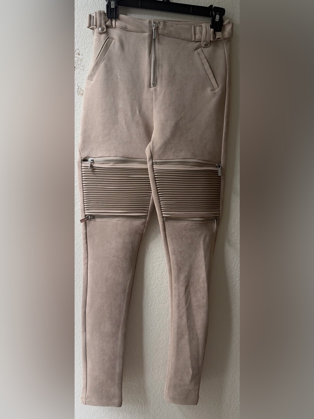 Maniere De Voir Beige Skinny Moto Jeans with Ribbed Knee Panels